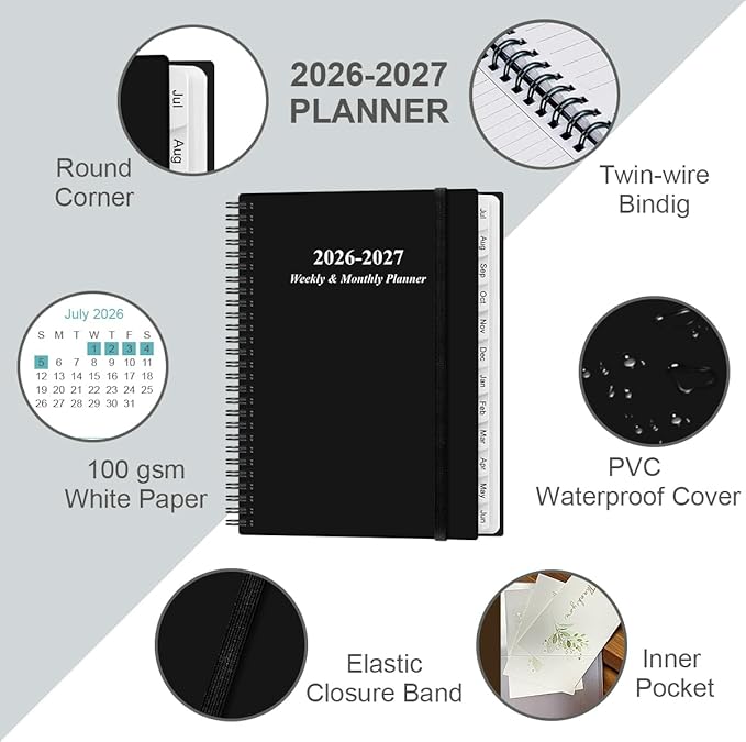 2026-2027 Planner - Planner 2026-2027 from July 2026 to June 2027 with 12 Monthly Tabs, Flexible Cover, Inner Pocket, 8.5" x 11", Black-B