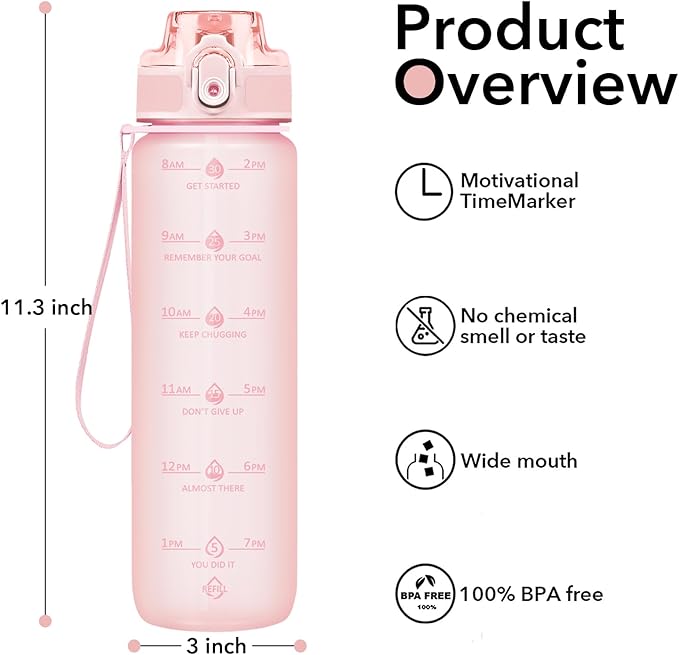 32oz Water Bottle with Time Marker, Motivational Drinking Bottle with Strap, BPA-Free Leak-Proof, Encouraging Water Bottle Time to Drink Water for Gym School Office Travel