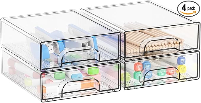 Yieach 2.2'' High Small Clear Stackable Storage Drawers,4 Pack Desk Organization and Storage Bins,Plastic Office Supply Organizer,Acrylic Drawer Storage Organizer for Makeup,Accessory,Pen,Art Crafts