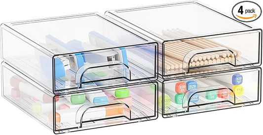 Yieach 2.2'' High Small Clear Stackable Storage Drawers,4 Pack Desk Organization and Storage Bins,Plastic Office Supply Organizer,Acrylic Drawer Storage Organizer for Makeup,Accessory,Pen,Art Crafts