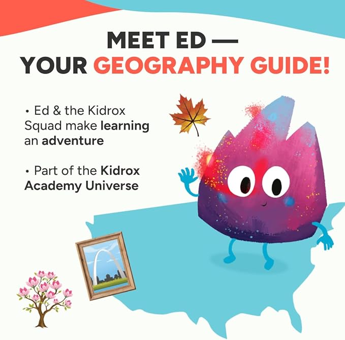 Kidrox Flashcards: Learn the 50 U.S. States – Pull-Tab Geography Game for Kids Ages 6+ | State Maps, Flags & Capitals | Includes U.S. Map Poster