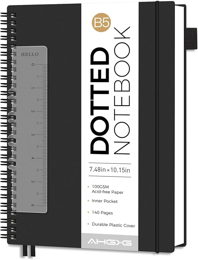 AHGXG Dotted Journal - Dot Grid Spiral Notebook B5, 140 Pages, 100 GSM Thick Paper, Waterproof Plastic Cover Journals for Journaling, Sketching, 7.6" x 10", Black