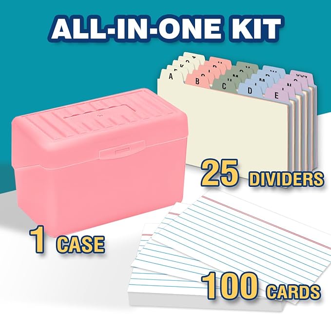 H4D 3x5 Index Card Holder with 100 Heavyweight Ruled Index Cards and 25 Plastic Dividers, Light Pink