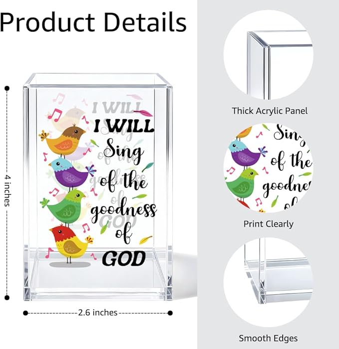 I Will Sing Of The Goodness Of God Pen Holder Makeup Organizer, Funny Bird Christian Pencil Pen Holder for Desk, Musical Notes Desk Accessories Bible Verse Pencil Cup, Religious Gifts Organizer