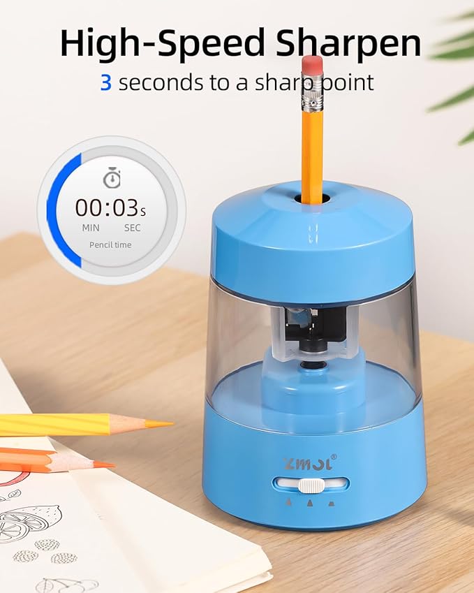 ZMOL Electric Pencil Sharpener Battery Operated Power Kids for Colored & Jumbo Pencils No.2/(6-12mm) - Safe & Easy Use Plug in Portable with (AC Adapter,USB, Battery) for Classroom/Office/Home Blue