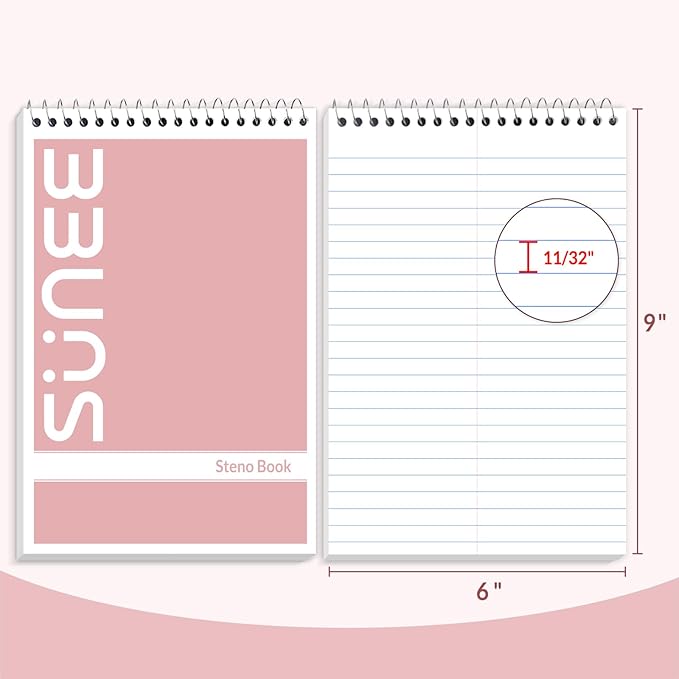 SUNEE Steno Pads 6x9 5 Pack, Gregg Rule, 60 Sheets, 5 Assorted Color Spiral Notebook 6x9, White Paper, Take Notes with Top Spiral Notebook, for School, University, College, Work, Office