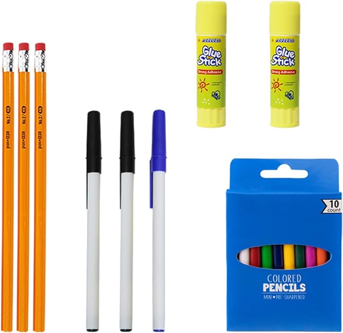 34 Piece Bulk School Supplies Kits - Pens, Pencils, Crayons, and More - Value Pack of 24 Kits - Essential Box of School Supplies for Elementary, Middle, and High School Students
