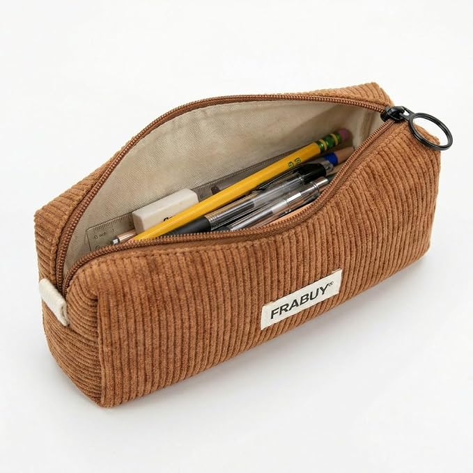 Soft Corduroy Pencil Case Pen Pouch Organizer, Small Stationery Bag | Cute brown pencil pouch, smooth zipper, daily cosmetics holder, compact organizer for school teen girls, women