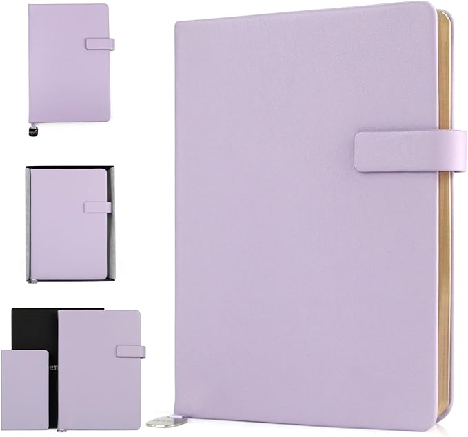 A5 Hard Cover Notebook with Pen Holder, Gold Edges & 180° Lay Flat - Large 5.7x8.4 Lined, Bookmark, Gift Box - Durable Journal for Office, Study, Travel - Writers, Students (Light Purple)