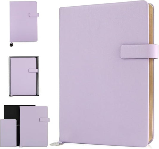 A5 Hard Cover Notebook with Pen Holder, Gold Edges & 180° Lay Flat - Large 5.7x8.4 Lined, Bookmark, Gift Box - Durable Journal for Office, Study, Travel - Writers, Students (Light Purple)