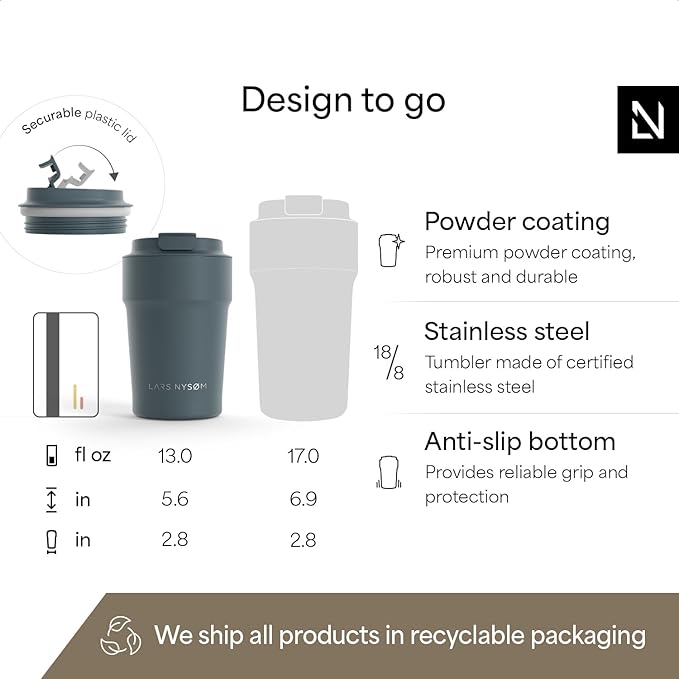 LARS NYSØM Thermo Coffee Mug to go 13oz | Travel Mug 0.38 Liter with Insulation | Silicone grip base | Leak Proof Stainless Steel Tumbler for Coffee and Tea on the Go (Powder Stone Blue, 13oz)