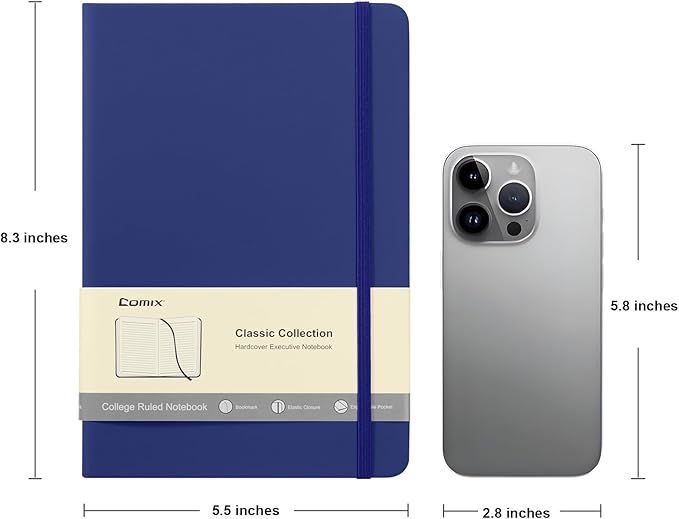 Comix 6 Pack Lined Journal Notebooks for Work, 240 Pages, 5.5"x8.3", Navy Blue, Hardcover, A5 Medium College Ruled, Journaling Notebooks for Notes-Taking, Fits for Office School Home
