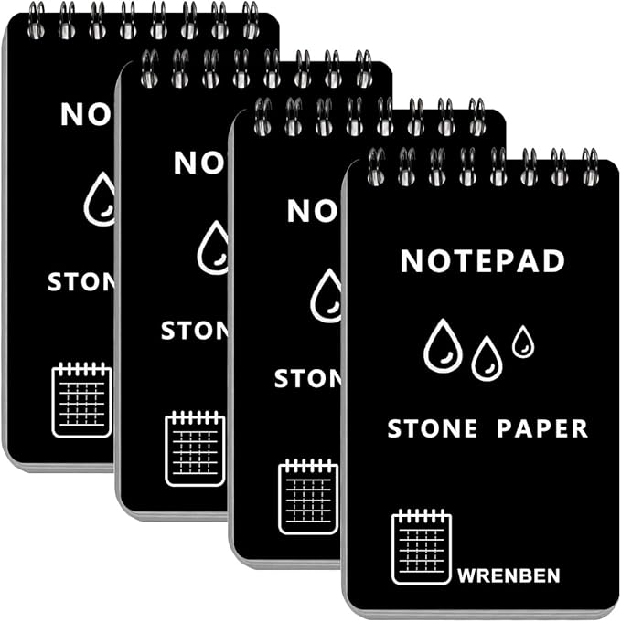 4PCS Waterproof Spiral Notebook 3"x5" with Stone Graph Paper, All-Weather Pocket Notepad A7, Memo Steno Pads for Outdoor Work, Travel, Field, Military (Black, 4 Pack)