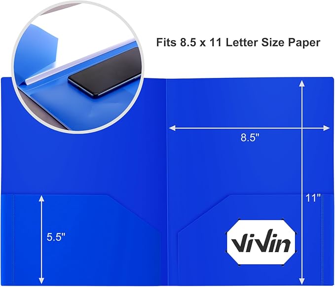ViVin 60-Pack Heavy Duty 2 Pocket Folders, Plastic File Folders for School, Office and Home (Blue)