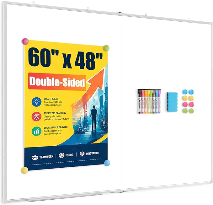 60" x 48" Double-Sided Large White Board, Foldable Magnetic Whiteboard Dry Erase Portable Wall Hanging Whiteboards for Home, School, Office