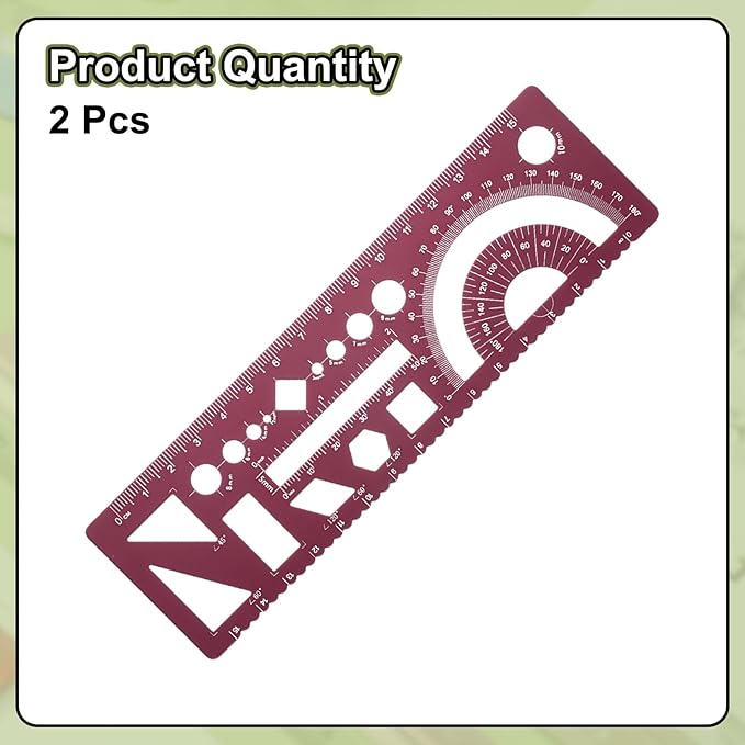 HARFINGTON 2pcs Multifunctional Geometric Rulers 15cm Metric and SAE Aluminum Straight Edge Protractor Angle Math Measuring Ruler Geometric Drawings Templates for Drawing Drafting, Dark Red