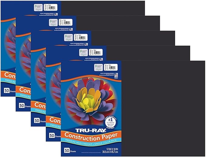 Tru-Ray® Construction Paper, Black, 12" x 18", 50 Sheets Per Pack, 5 Packs