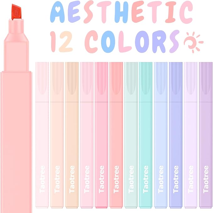 Taotree 12Pcs Aesthetic Cute Highlighters Assorted Colors, Back to School | Bible Highlighters and Pens No Bleed, Chisel Tip Pastel Markers Pens for Journaling, School Supplies, Office Desk Accessories