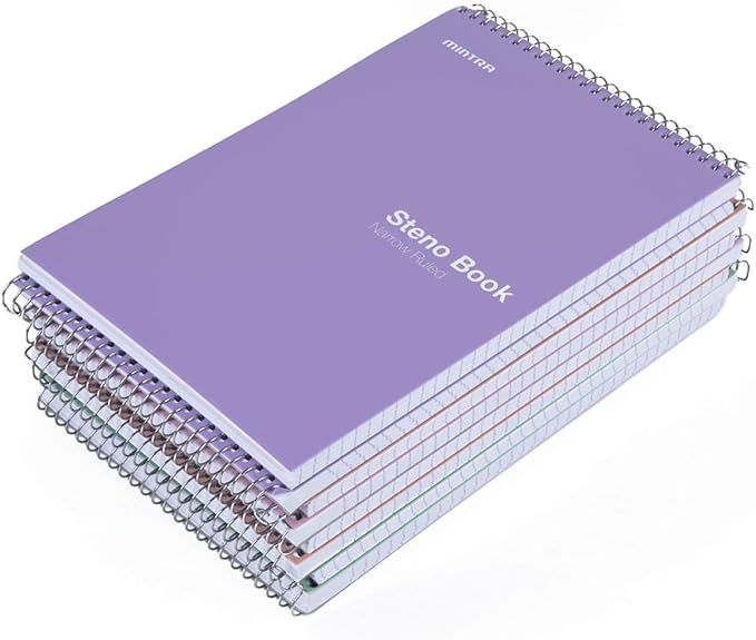 Mintra Office Steno Books Set - Top-Spiral Bound, Narrow Ruled, 100 White Tint Sheets, Pastel Covered Notebooks for Office & School, Colorful Lavender, Sage, Salmon, Spring Pink,6"x9", 8 Pack