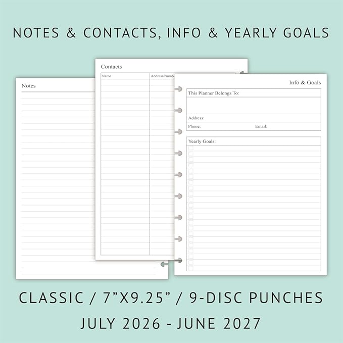 2026-2027 Planner Refills for Happy Planner Classic Notebook, Weekly & Monthly, Jul 2026 - Jun 2027, 7" x 9-1/4", 9-Disc Pre-punched