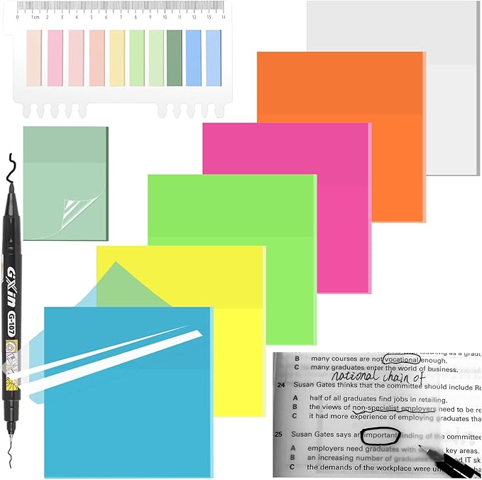 Transparent Sticky Notes with Sticky Tabs & Marker Pen, MEIGAONE 9 Pack Clear Sticky Note, Strong Adhesion, Waterproof Translucent Sticky Note for Study, Book,Office,School Supplies