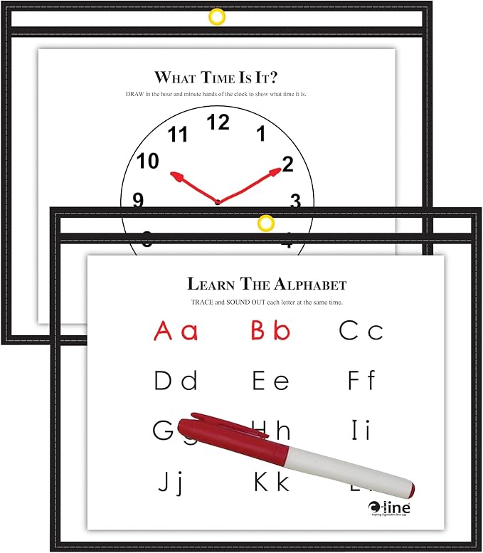 C-Line Reusable Dry Erase Pockets, Horizontal - Open on Long Side, 9 x 12 Inches, 30 per Box, Black (40711-30)