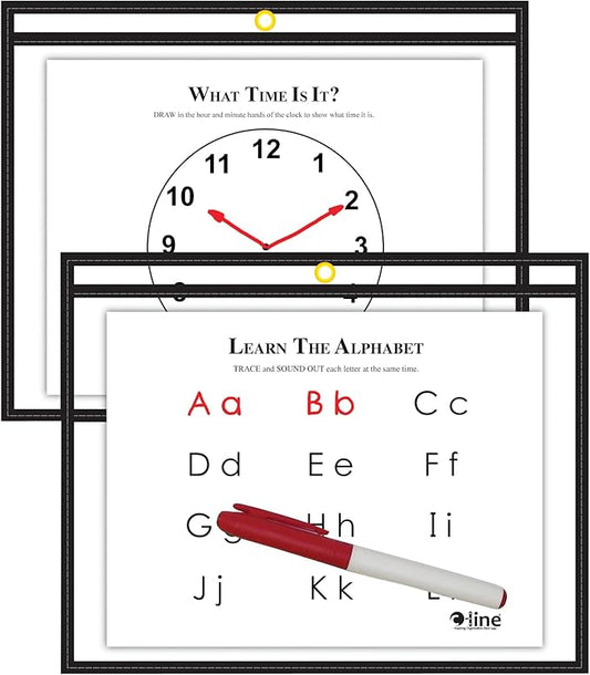 C-Line Reusable Dry Erase Pockets, Horizontal - Open on Long Side, 9 x 12 Inches, 30 per Box, Black (40711-30)