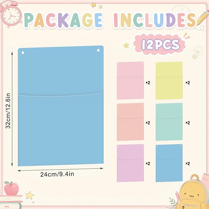 12Pcs Plastic Oversized Wall Pockets 12.6 X 9.4 Inch Hanging Wall File Organizer Hanging File Folders Holder Mail Organizer for Back to School Classroom Home Office Teaching Supplies (Pastel Color)