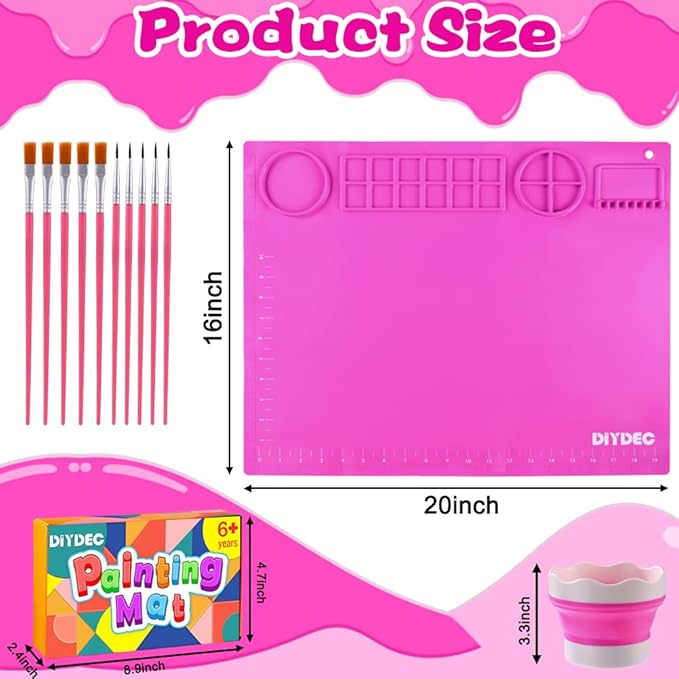 DIYDEC Silicone Painting Mat for Kids 20X16 Inch Large Art Mat with Detachable Cup &10 Painting Brushes Craft Sheets for Boy Girl Birthday Gift DIY Accessories (Rose Red)