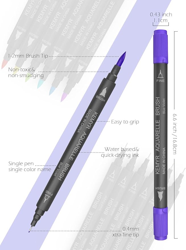 KEMYR Markers for Adult Coloring Books: 60 Color Dual Tip Fine & Brush Pens Water-Based Coloring Marker for Adults Drawing Sketching Bullet Journal Writing Lettering No bleeding