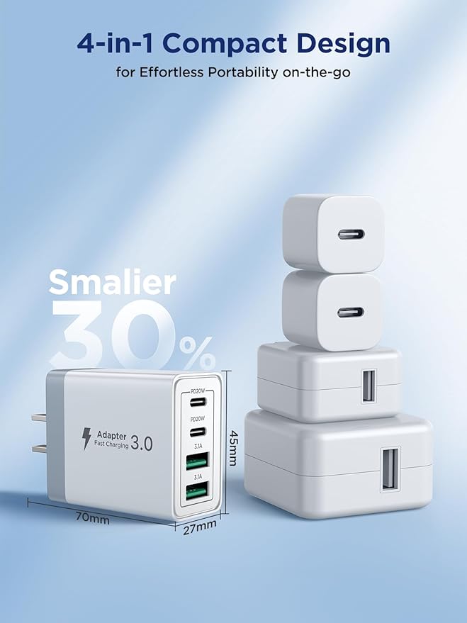 3 Pack USB C Charger Block, 40W 4-Port Fast Charger 20W Type C Charging Block 3.1A USB Wall Charger Dual Port PD+QC Charging Cube for iPhone 17 16 15 14 13 12 Pro Max XS, iPad, Samsung Phone, Tablet