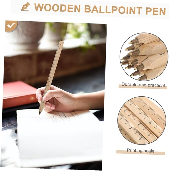 COHEALI 6pcs Black Ballpoint Pens with Wood Ruler and Industrial Carpenter Ink, Biodegradable Solid Wood Ball Pen Set for Professional Drawing and Office Use