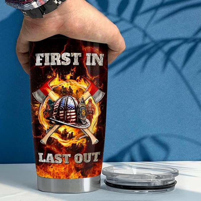 SANDJEST Firefighter Tumbler 20oz Stainless Steel Insulated Coffee Travel Mug Cup for Men Fireman Firefighters Gifts for Birthday Christmas Fathers Day