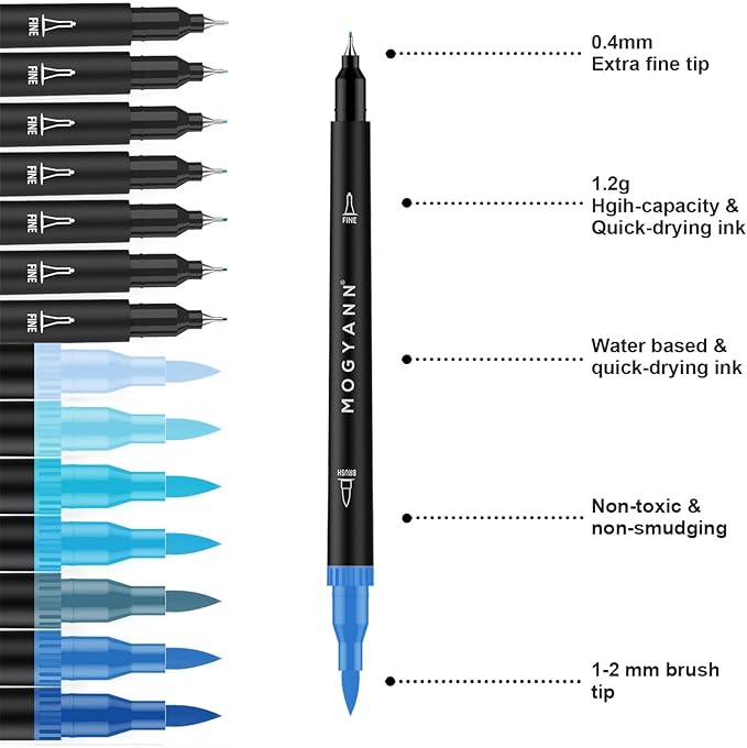 Blue Markers, 12 Pack Dual Brush Pens Drawing Markers for Art Sketching