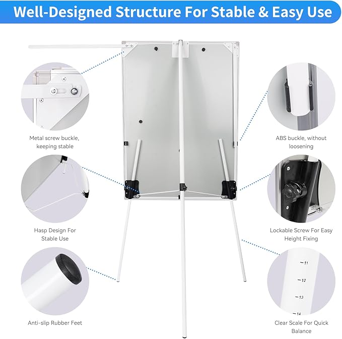 Easel Whiteboard 40x28 Inch, Portable Magnetic Dry Erase Height Adjustable Tripod Stand with 2 Extendable Side Arms for Flipchart, Home Office School Use, White