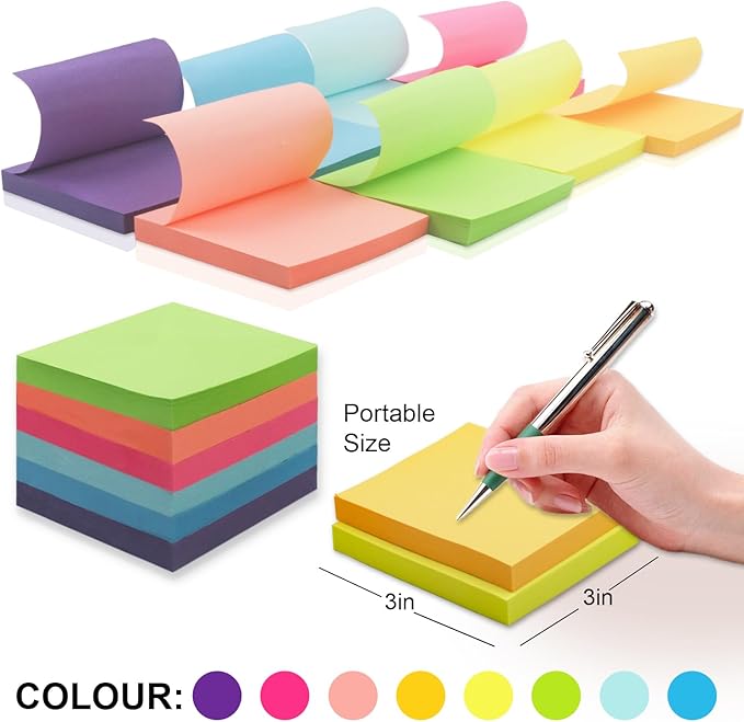 Sticky Notes 3x3, 8 Pack Sticky Pads 100 Sheet/Pad, Bulk Sticky Note Pads, Multicolor Self-Sticky Notes Pad - Teacher Classroom Must Haves, Back to School and Office Supplies Blank Desk Note Pads.
