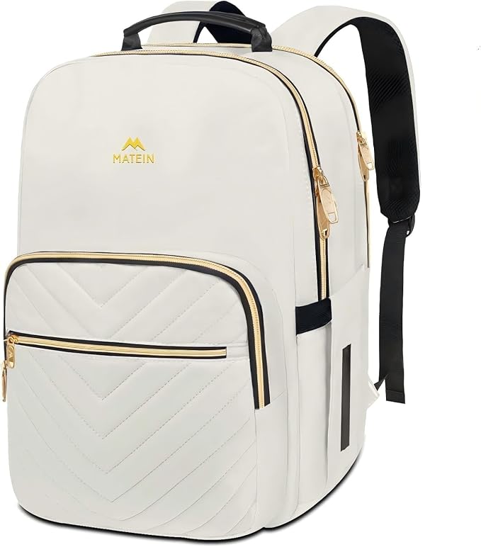 MATEIN Travel Laptop Backpack, Anti Theft Quilted Slim Backpacks for Women | Bookbag with Detachable Keychain Hook, Carry on Bags Purse, for Teacher Doctor Nurse, Fits 15.6 Inch Notebook, White