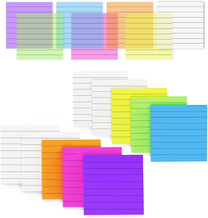 MIUTME Lined Sticky Notes Transparent, 7 Colors Bright Self Sticky Notes Clear Pad, Waterproof Translucent Memo with Line (3X3 inch, 500Pcs)