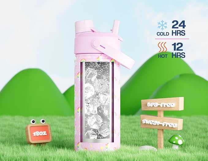 18 oz Kids Water Bottle for Girls: BPA-Free, Leakproof, Easy Carry, Durable Straw Spout Lid, 24H Cold, Cute Patterns, Insulated Stainless Steel Cup for School, Travel, Camping, Daily (Rainbow Unicorn)
