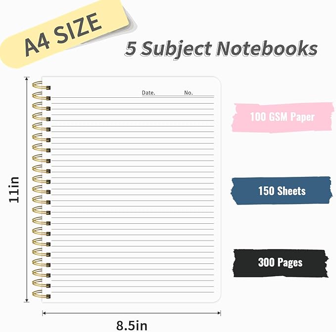 5 Subject Notebook College Ruled, 300 Pages A4 Hardcover Spiral Notebook with Removable Dividers Tabs, 8.5" x 11" Large 100GSM Lined Journal Notebooks for Work School
