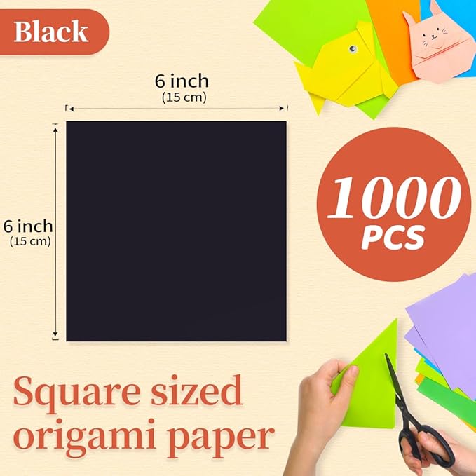 IOOLEEM Black Origami Paper, 1000 Sheets, 6 Inch Square, Double Sided Colored Paper for DIY Crafts