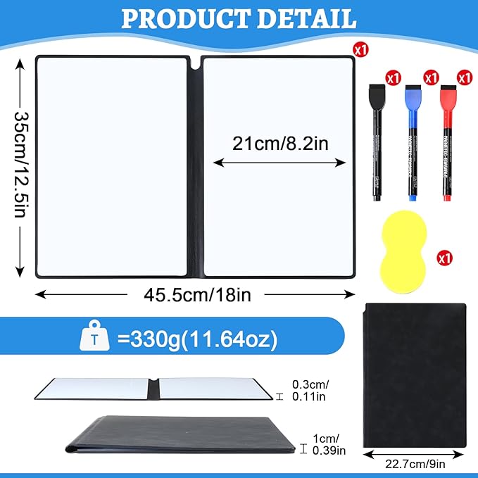 Marspark Portable Whiteboard Dry Erase Board 12.5" x 9" Large Reusable Folding Double Sided Notebook Memo with 3 Magnetic Marker Eraser Black Desk Accessories for Office School Study Meeting Planning