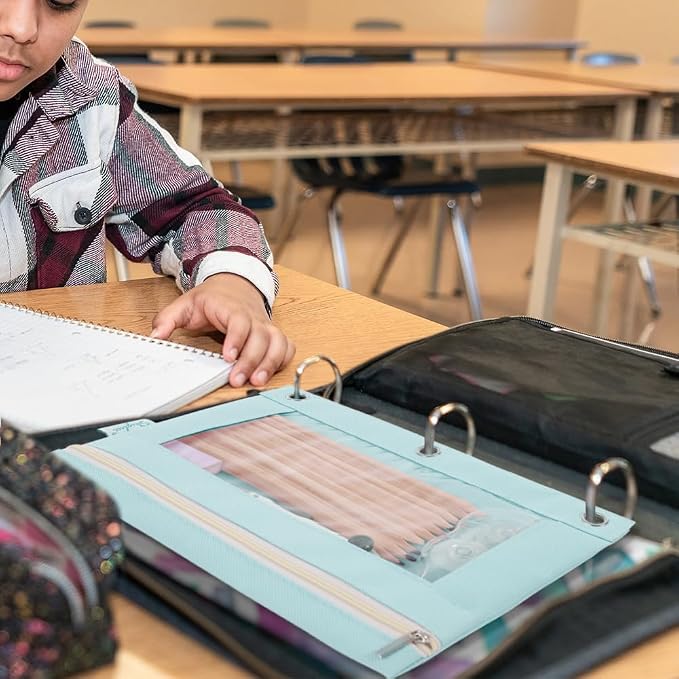 SKYDUE Pencil Pouch for 3 Ring Binder, 9.8" x 7.3" Clear Window Pencil Bag | Zipper Pencil Pouches for Girls Boys, Pencil Pouch with 3 Reinforced Grommets, Durable Organizer for School Supplies
