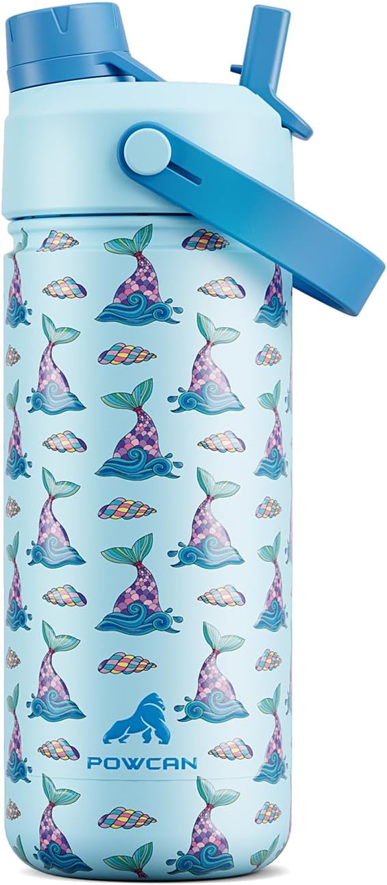 18 oz Kids Insulated Mermaid Water Bottle for School: 2-in-1 Straw Spout Lid, Leakproof, BPA-Free, Keep Cold 24H, Reusable Stainless Steel Cup, Birthday Gift for Girls Daughters (Splash Tails)