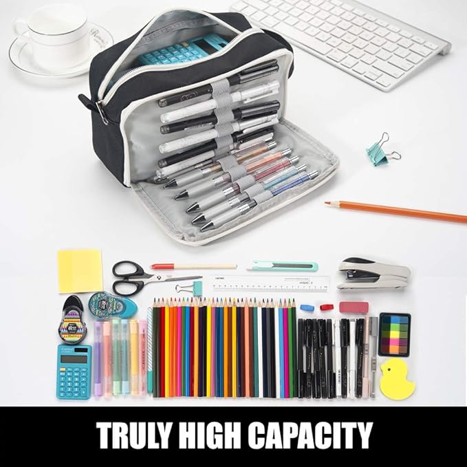 Sooez High Capacity Pencil Case, Big Pencil Bag Organizer Box Pen Case, Portable Journaling Supplies with Easy Grip Handle, Asthetic Supply for Girls Adults, Black