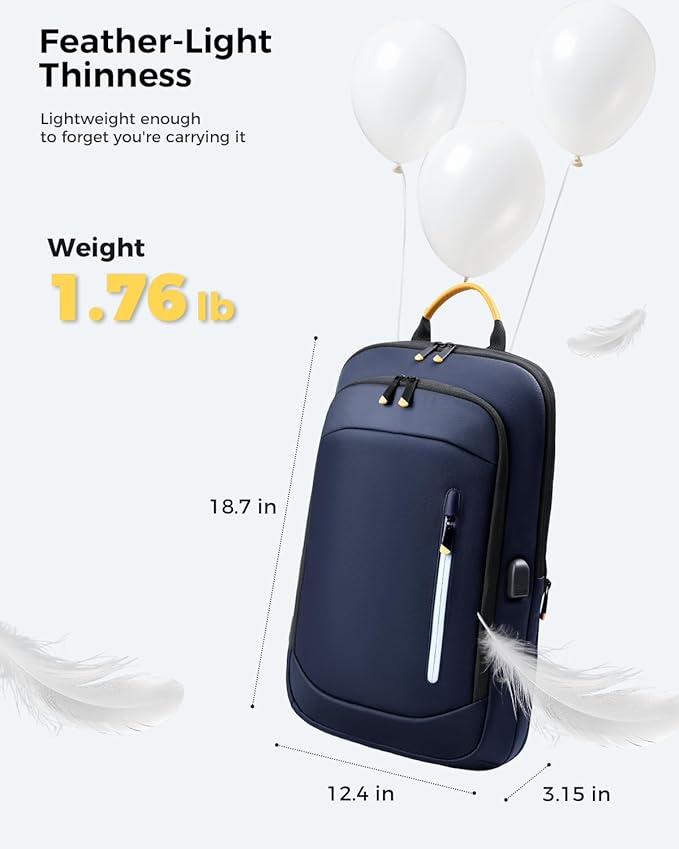 Slim Laptop Backpack for Men, 17.3 Inch Expandable Business Travel Backpack with USB Charging Port, Lightweight Work Computer Bag, Blue