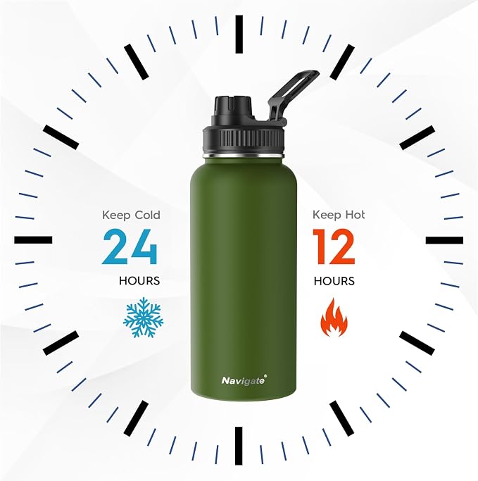 Navigate 32oz Insulated Water Bottle for Sports, Keep Cold 24H | 2-in-1 Spout and Handle Lids, Double Leak-Proof, 18/8 Stainless Steel, BPA-Free, Wide Mouth for Hiking,Dark Green
