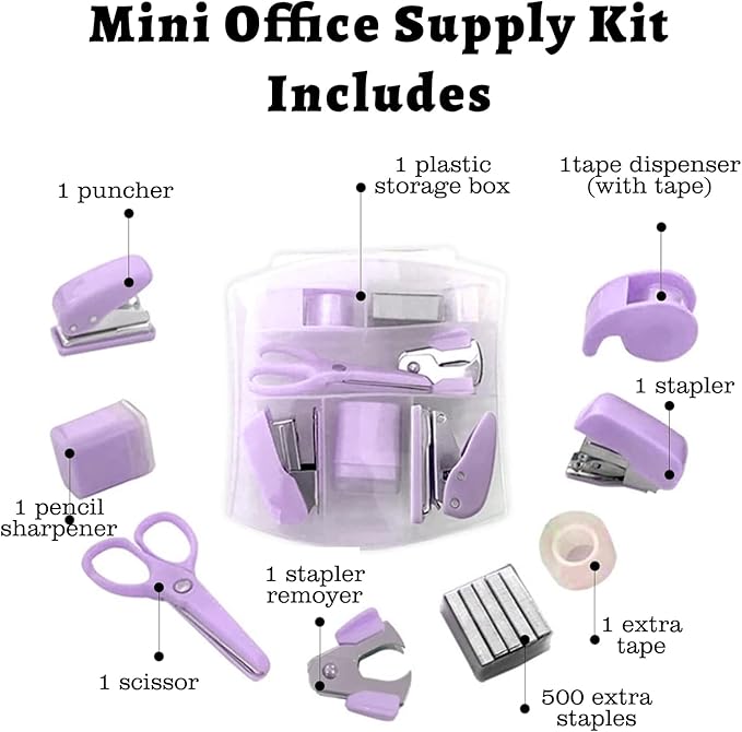 8 Pack Mini Office Supply Kits Mini School Supplies – Includes Mini Stapler, Scissors, Staple Remover, Puncher, Pencil Sharpener, Tape Dispenser (Purple)