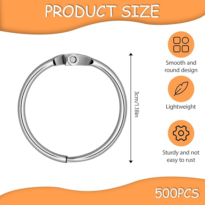 500 Pack 1.2 Inch Loose Leaf Binder Rings 30mm Metal Office Book Rings Office Book Flashcard Ring Metal for Index Cards, Notebooks, Flashcard, Papercards, DIY Crafts, Keychain