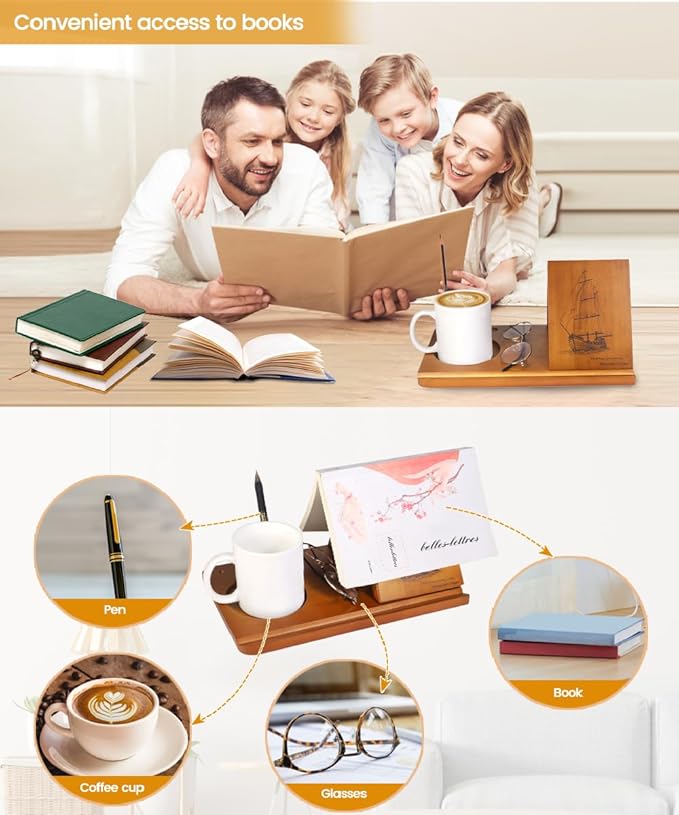 Triangle Book Holder with Sailboat Design,Nautical Wooden Book Stand for Reading Valet with Cup Holder, Mini Bookshelf,Tablet Stand for Book Lover，Sailor Birthday&Mothers Day Gift Coastal Home Decor